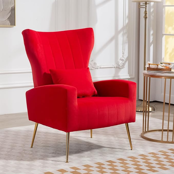 X-VOLSPORT Velvet Accent Chair Mid Century Modern Wing Back Living Room Chair with Waist Pillow Upholstered Arm Chair with Metal Gold Legs for Bedroom Club Rose Red