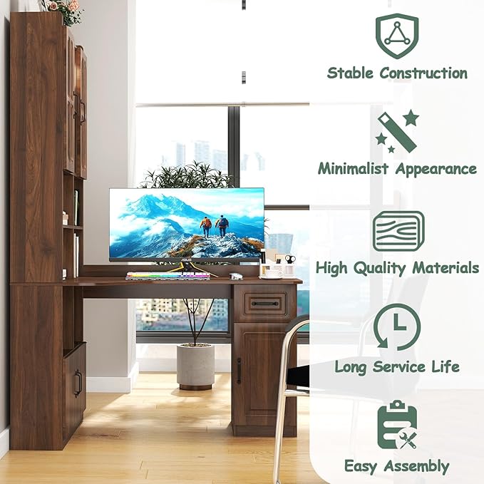 Walnut Corner Desk with Bookshelf 2-in-1 L Shaped Desk with Hutch &amp Drawers Home Office Desk with Shelves &amp Storage Wooden Structure Easy Assembly (Walnut)