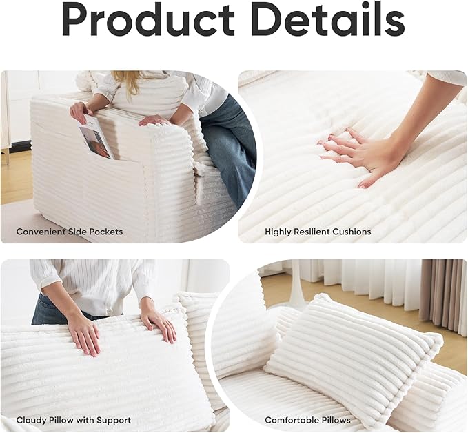 113 Cloud Sectional Boneless Couch for Living Room Modern Modular Sectional Sofa Deep Seat with Ottoman Upholstered Comfy Sectional CouchesCorduroy L Shaped Couch with Side PocketsBeige