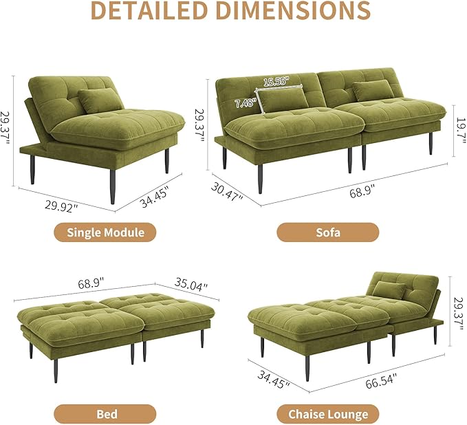 Single Supplementary Unit of The Convertible Module can be Matched with 70 inch Convertible Futon Sofa Bed Used for DIY a Larger Sofa. Olive Green