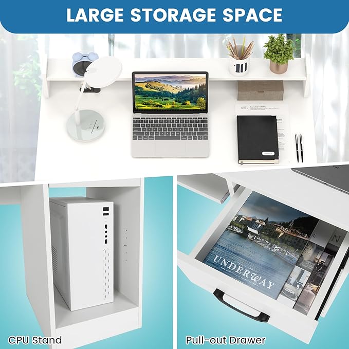 HAPPYGRILL Computer Desk with Monitor Stand Home PC Office Desk with Keyboard Tray Drawer &amp CPU Stand Study Writing Desk Home Workstation Desk with Display Shelf