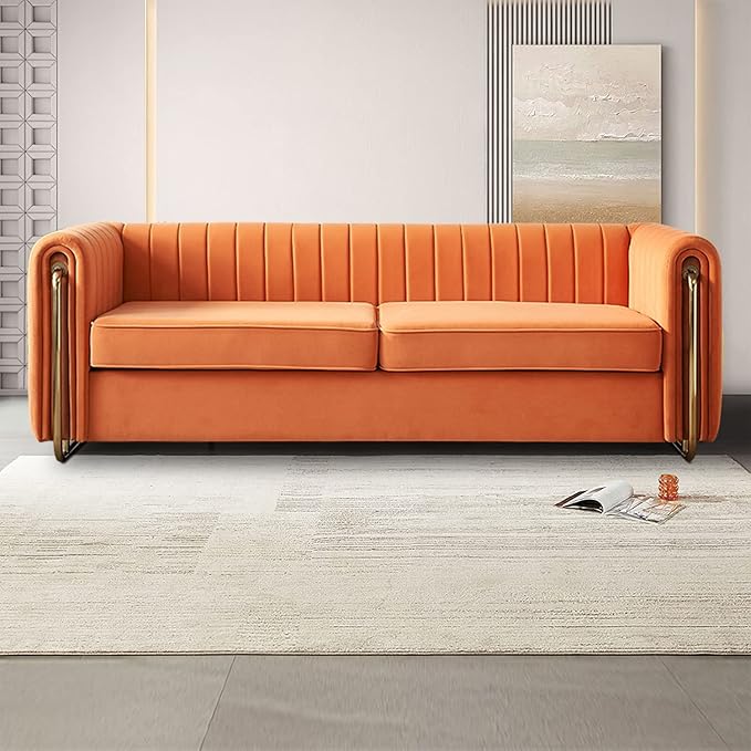 kevinplus 84.2'' Velvet Chesterfield Sofa Couch for Living Room Modern Luxury 3-Seat Upholstered Sofa Couch for Apartment Bedroom Dorm Office Strong Gold Metal Legs (Channel Backrest Orange)