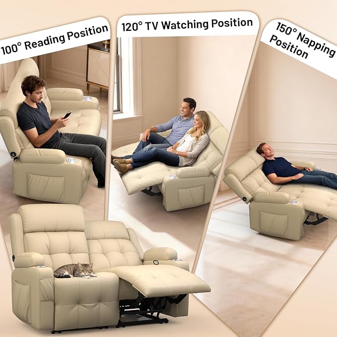 Reclining Loveseat Wall-Hugger Loveseat Recliner Design with USB/Type C Charging &amp Storage &amp Cupholder Pebble-Weave Fabric Recliner Sofa Couch for Living Room Home Theater &amp RV Use