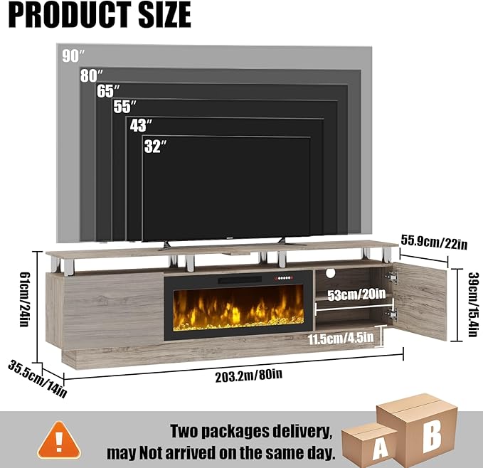 80 Modern Fireplace TV Stand with 36 Electric Fireplace for TVs Up to 90 inch Luxury LED Light Entertainment Center with High Gloss Cabinet TV Consoles for Living Room Grey