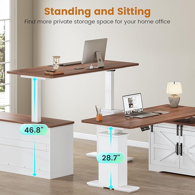SEDETA Farmhouse L Shaped Standing Desk 55 inch Height Adjustable Corner Desk with Storage Drawers Standing Computer Desks with Power Outlets for Home Office White