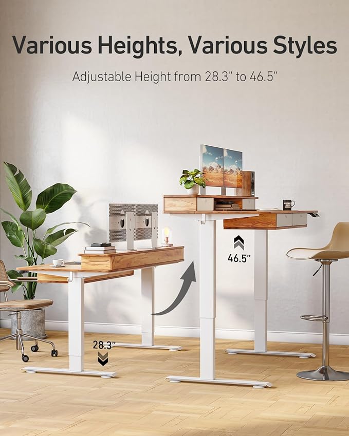 FEZIBO 48 x 24 inch Standing Desk with Drawers Height Adjustable Electric Workstation Computer Sit Stand Up Table with Large Storage Shelf 4 Drawers and 2 Hooks Light Rustic Brown