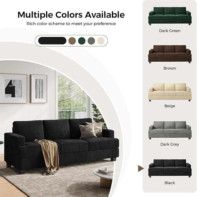 89 Inch Sofa with Extra Deep Seats Oversize 3 Seater Sofa for Living Room Modern Couch and Sofa Comfy Armrests and Seats and Backrests Easy InstallationWide Corduroy Fabric Black