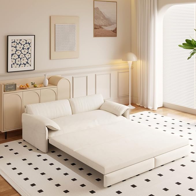 66 Queen Loveseat Pull Out Couch with Side Storage 3-in-1 Convertible Sleeper Bed Lounge Velvet Love Seat Sofa Bed for Livingroom Apartment Bedroom Office Space Saving Beige