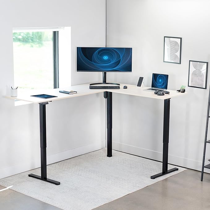 VIVO Corner Standing Desk 75 x 63 inch Reversible L-Shaped Workstation Electric Height Adjustment Home Office and Reception Rooms Light Wood Table Top Black Frame DESK-E3CTBC-75