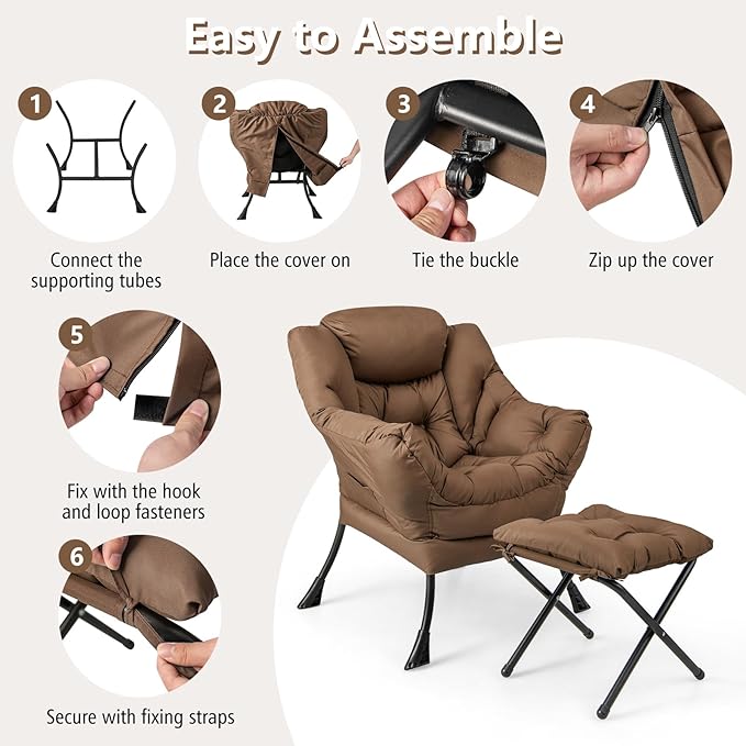 RELAX4LIFE Lazy Chair with Foldable Ottoman - Modern Lounge Accent Chair w/Armrests &amp Side Pocket Upholstered Leisure Sofa Armchair with Footrest for Reading Living Room Bedroom Dorm (Brown)