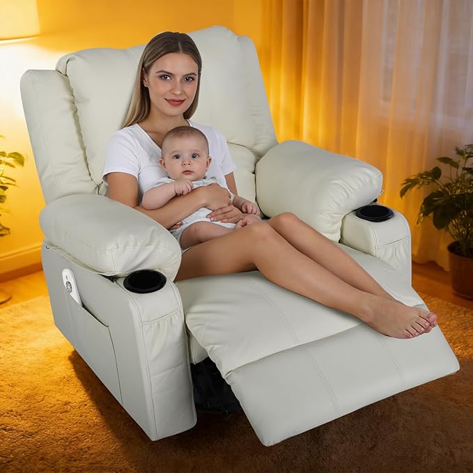 Rocking Recliner Chair with Heat and Massage Overstuffed PU Leather Recliners for Living Room Modern Single Rocking Chair for Adults Manual Swivel Rocker Recliner with Cup Holders Cream White