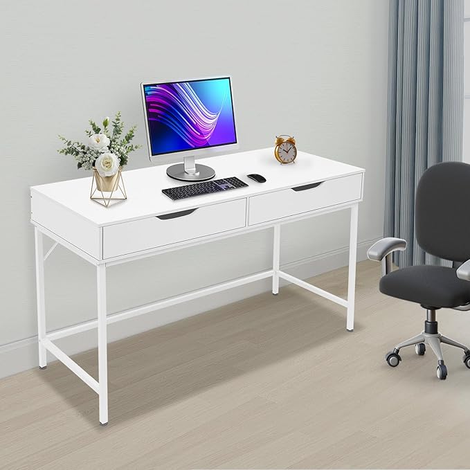 White Computer Desk with 2 Drawers Wooden Makeup Table Modern Simple Makeup Vanity Desk for Home Office Study Room 154lbs Capacity 4724L*19.69W*29.53H inch
