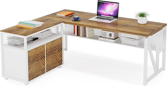 Tribesigns Office Desk with Drawers Sets 63 inches L Shaped Computer Desk with Mobile File CabinetBig Executive Desk for Home Office Furniture Sets (Light Walnut 63-inch)