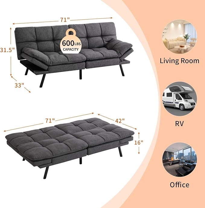 MUUEGM Convertible Futon Sofa Bed Memory Foam 71 Sofabed Modern Loveseat Sleeper Sofa with Adjustable Backrest &amp Armrest for Small Space Office Couch for Living RoomApartmentOffice