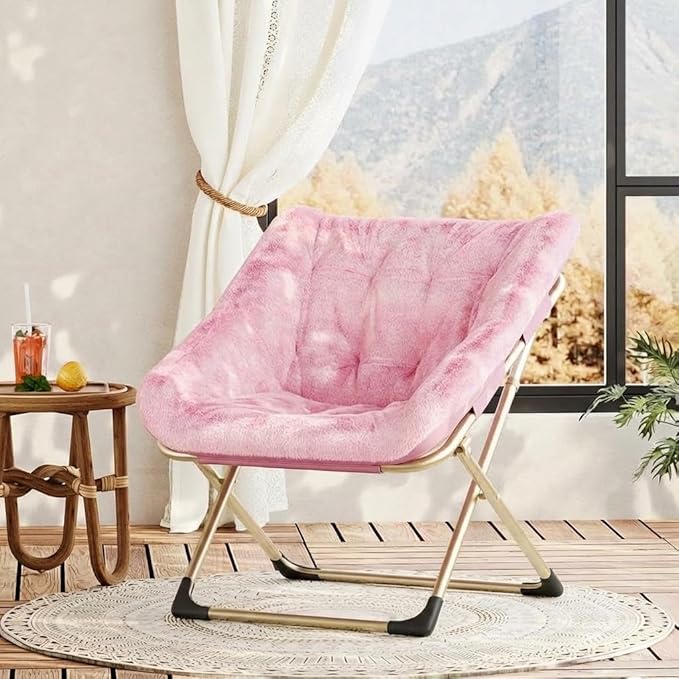Collapsible Soft Faux Rabbit Fur Saucer Lounge Chair Comfy Lounge Lazy Chair Metal Frame Reading Chairs for Office Living Room Bedroom Small Spaces No Assembly Pink