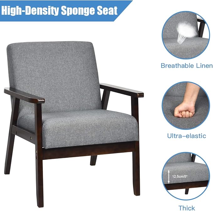 Giantex Set of 2 Mid-Century Modern Accent Chair Retro Fabric Armchair Solid Hardwood Made Upholstered Linen Lounge Arm Chair for Living Room (Dark Grey)
