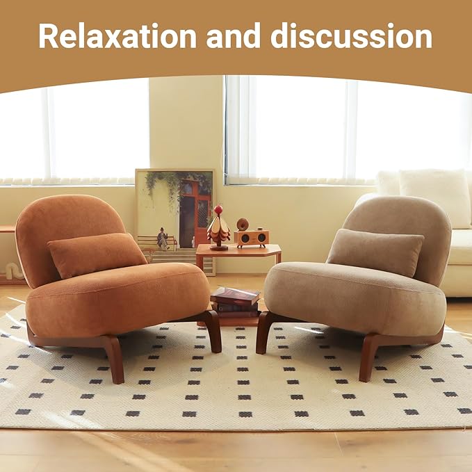 Velvet Accent Chair with Solid Wood Legs Modern Armless Living Room Chair with Soft Cushion Cozy Reading Chair for Bedroom Apartment Balcony &amp Waiting Room (Camel)