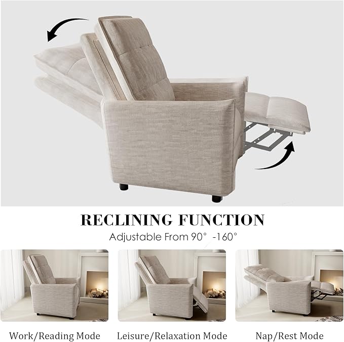 Chenille Fabric Recliner Chair for Adults - Manual Push Back Reclining Sofa with Sturdy Metal Frame Overstuffed High-Density Foam Adjustable Footrest for Living Room Home Theater (Beige)