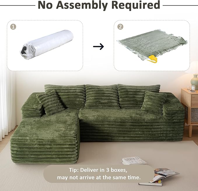 103” Boneless Couch with Chaise Deep Seat Comfy Cloud Modular Sofa Corduroy Memory Foam Sectional Couches for Living Room Bedroom No Assembly Required