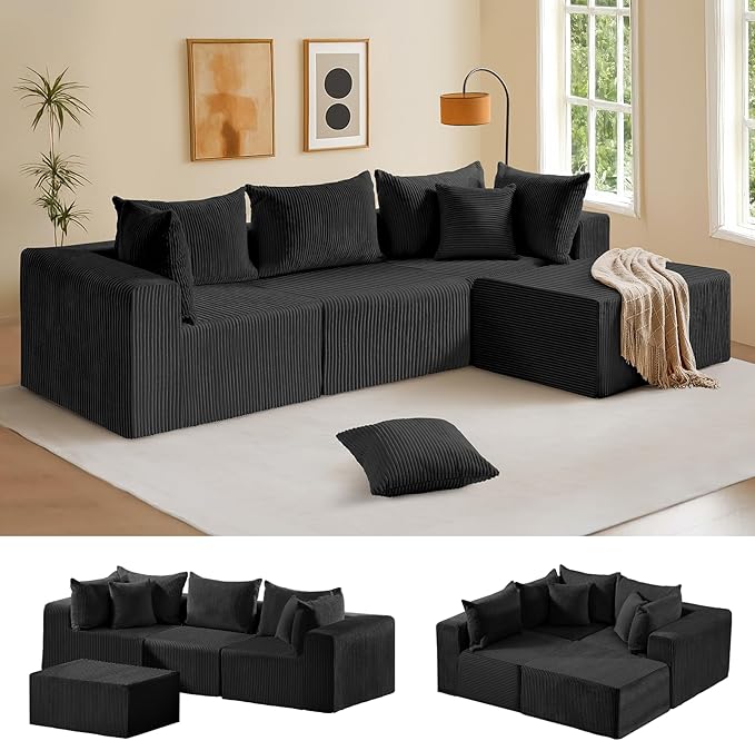 Cloud Sectional Couch with L-Shape ChaiseModular Sofa with Deep Seat Reversible Ottoman 4 Seat DIY Combination Sectional Couches for for Living Room Bedroom