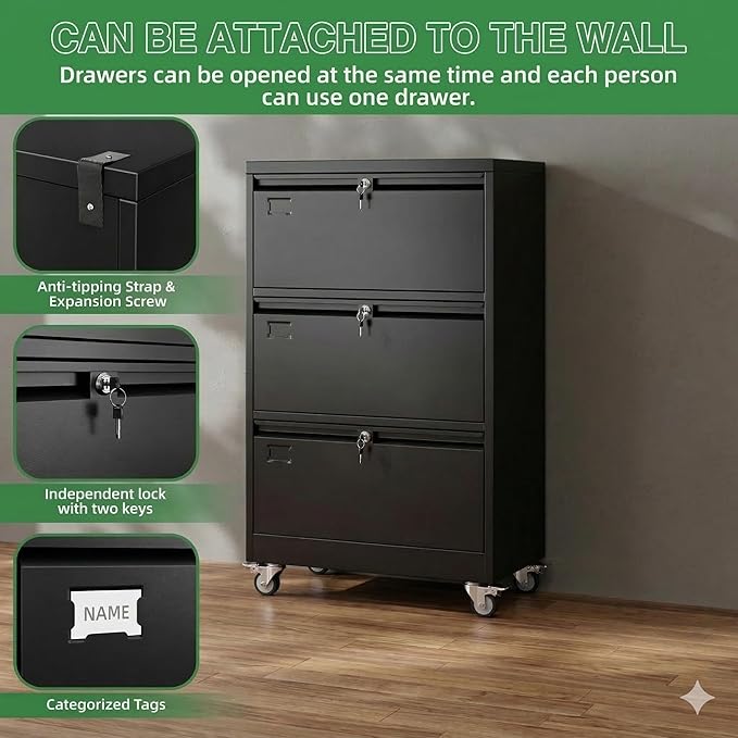 Aobabo 3 Drawer Lateral File Cabinet with Wheels Lockable Metal Filing Cabinet for Home Office Legal/Letter SizeBlackRequired Assembled15.87 D x 28.94 W x47.63 H