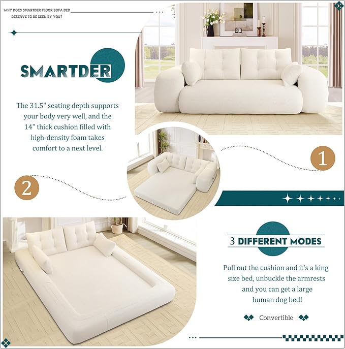 Convertible Sofa Bed with Folding Mattress Oversized Human Dog Bed 3-in-1 Sleeper Couch with Pillows and Thick Armrests 78.7 King Size Floor Sofa for Living Room Bedroom Guest Room White Teddy