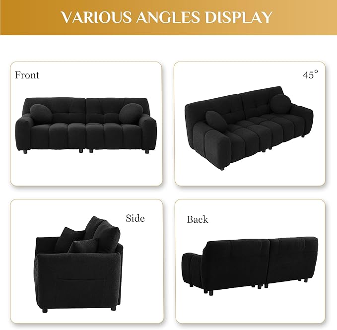 Modern Boucle Sofa Couch Comfy Deep Seat Teddy Cloud Couch 72.8 Upholstered Cozy Sherpa 2 Seater Couches with Pillows Oversized Loveseat Sofa for Living Room Apartment Black