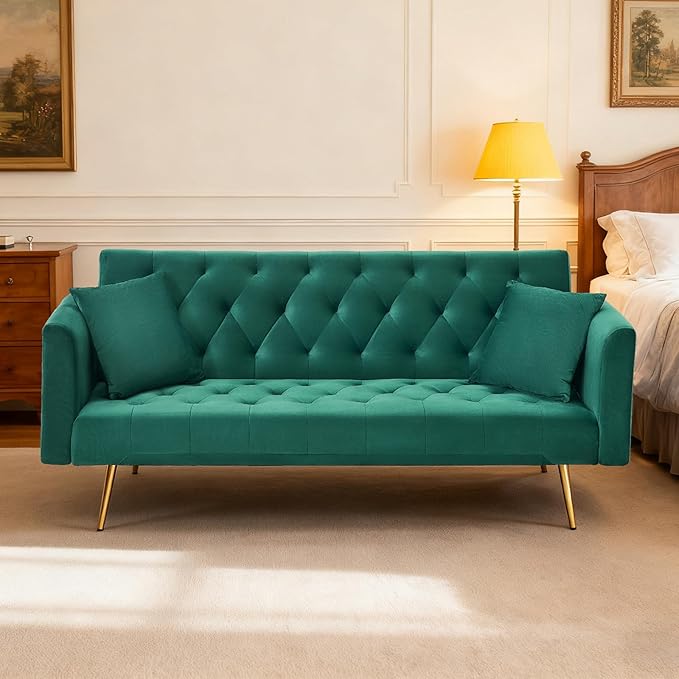 71 Velvet Futon Sofa Bed Convertible Sleeper Couch with 2 Pillows - Modern Loveseat Small Sofa 3-Angle Adjustable Backrest Golden Metal Legs for Living Room Bedroom Apartment Easy Assembly (Green)