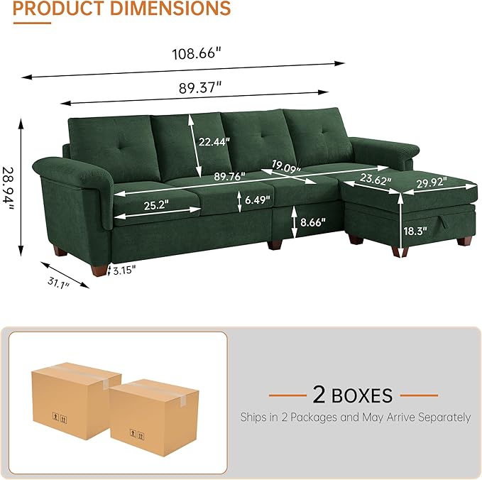 108 Sectional Sofa Convertible L Shaped Sofa with Ottoman and Large Storage 4 Seat Sectional Couch with Cup Holder Couches for Living Room Apartment Office (Green)