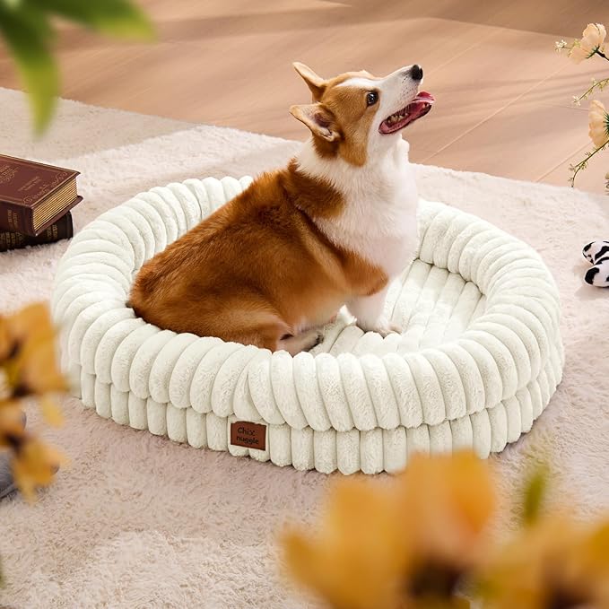 Dog Bed Large Sized Dog - Luxury Striped Faux Fur Waterproof Pet Couch with Removable Washable Cover Orthopedic Pet Bed with Bolster Sides for Sleeping Cream
