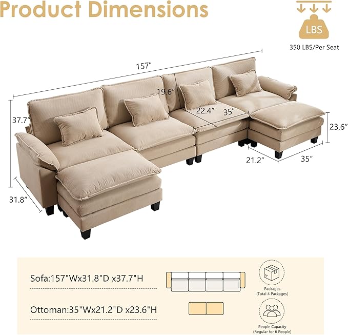 URRED Modular Cloud Couch Sectional Sofa 157 U Shaped Deep Seat Sofa with 2 Ottomans &amp Pillows Ultra Comfy Corduroy 4-Seater Sofa for Living Room Apartment or Bedroom Khaki | Corduroy Fabric