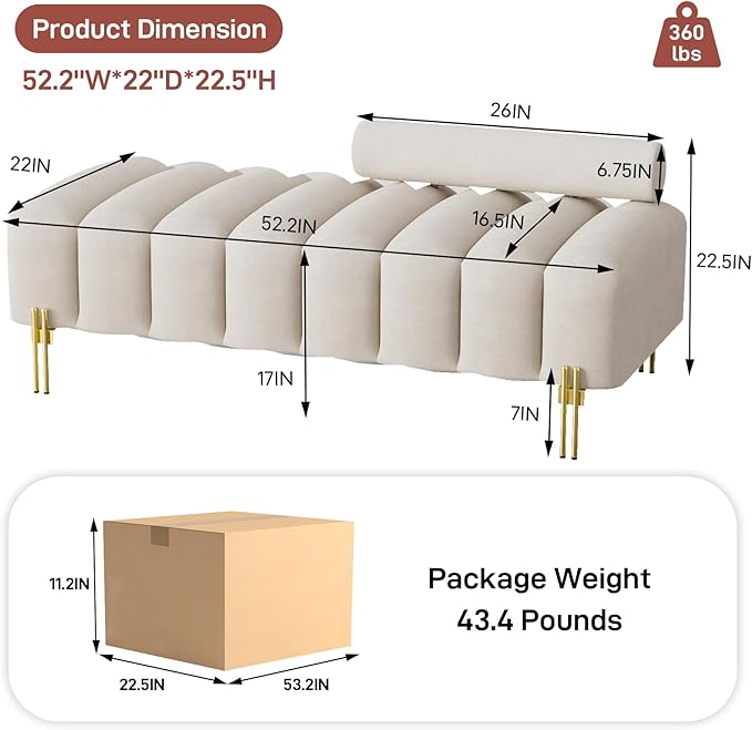 Small Loveseat Sofa Couch 52.2 Modern Velvet Mini Sofa for Bedroom Golden Legs Channel Tufted Window Bench with Adjustable Back for Living Room Apartment Compact Space Beige White