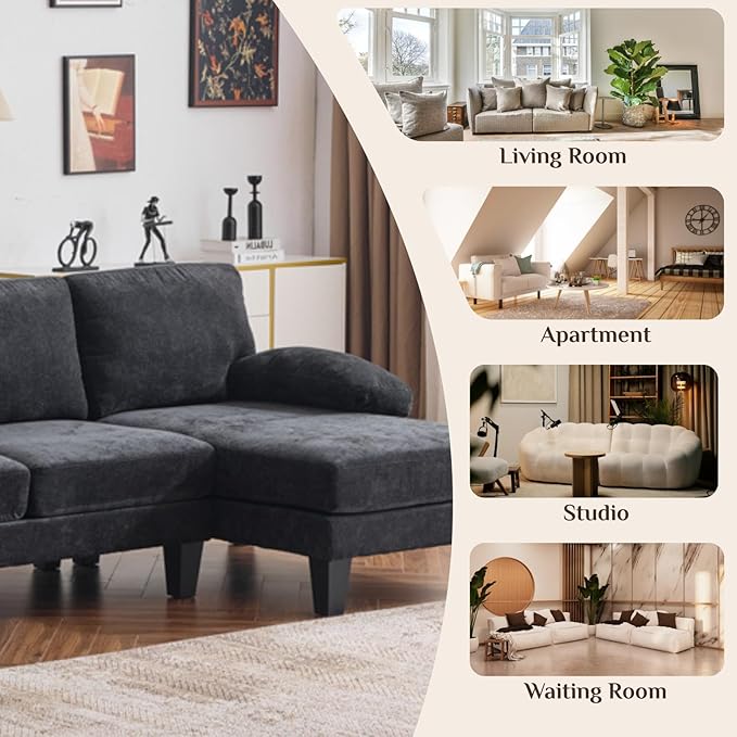Karl home 111 Sectional Sofa U-Shaped 4-Seat Couch with Chaises Wood Grian Legs Chenille Fabric Upholstered for Living Room Apartment Office Black