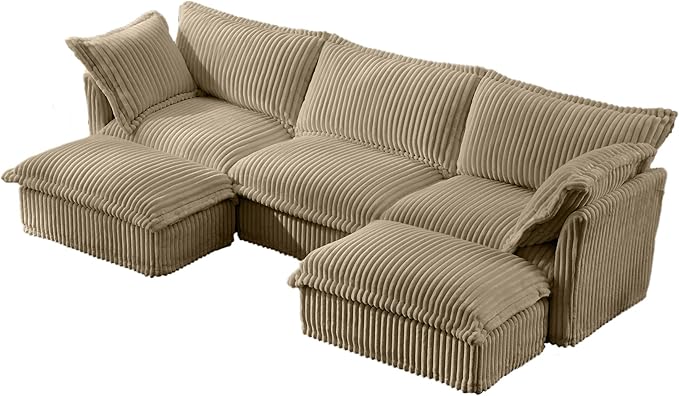 120 Inch 3-Seater Oversized Sectional Sofa with 2 Ottomans - Wide Deep Seat Removable Washable Corduroy Fabric for Living RoomCamel