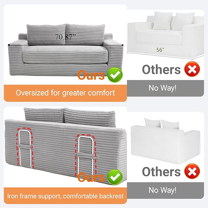 Boneless Couch 2 in 1 Convertible71 Corduroy Cloud Loveseat SofaMemory Foam Couch in a BoxNo Assembly Small Sofa for Living RoomApartments Home OfficeBedroom-Grey
