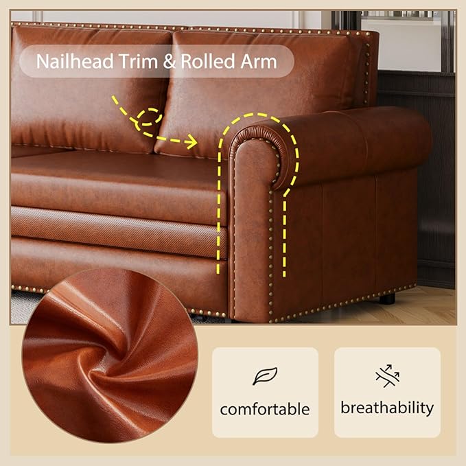 93.7 King Size Chesterfield 3-seat Pull Out Sofa Bed Leather Sofa Bed with Nailhead Trim and Rolled Arm 3-in-1 Sofa Sleeper for Living Room Apartment Office Light Brown