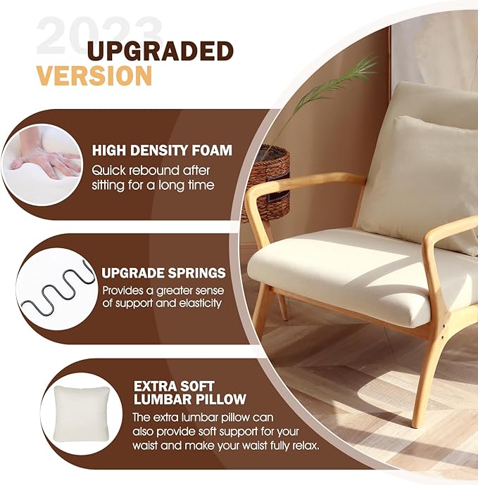 ELUCHANG Accent Chair with Lumbar PillowMid-Century Modern Armchair Linen Fabric Comfy Reading Lounge Side Chair for Living Room Bedroom ApartmentEasy Assembly(Beige)