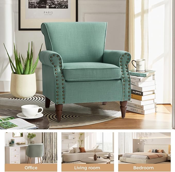 HULALA HOME Accent Chair with Wood Legs &amp Removable Cushion Modern Wingback Armchair with Nailhead Trim Comfy Upholstered Lounge Chair Single Sofa Chairs for Living Room Bedroom Sage