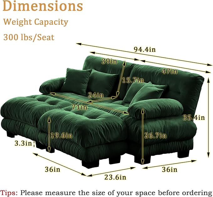 Cloud Sectional Couches for Living Room Modular Sectional Sofa 2 Seater Modern Deep Seat Loveseat Oversized Green Couch with Movable Ottoman Comfy Chenille Loveseat with Pillows