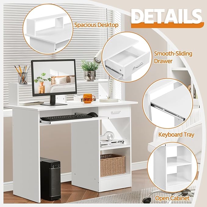 Home Office Computer Desk with Keyboard Tray and Drawers Wood White Students Writing Table with Storage Drawers &amp Hutch Modern PC Laptop Desk Multifunctional Workstation