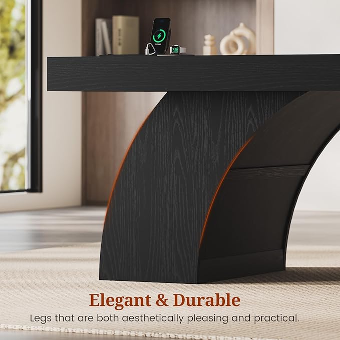 70.9 Inch Executive Desk Large Office Desk with Power Outlet &amp Storage Shelves Modern Aesthetic Computer Desks Wood Writing Table Workstation Business Furniture for Home Office (Black)