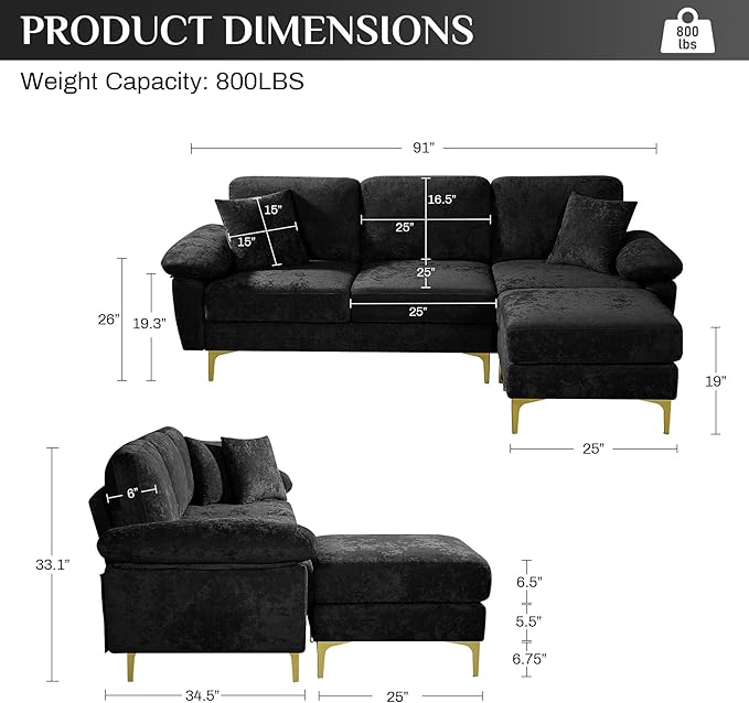 L Shaped Sectional Sofa Couch 91 Comfy Velvet Upholstered 3 Seat Sofa Set with Convertible Ottoman &amp 2 Pillows Modern Deep Seat Cloud Couch for Living Room Apartment Black