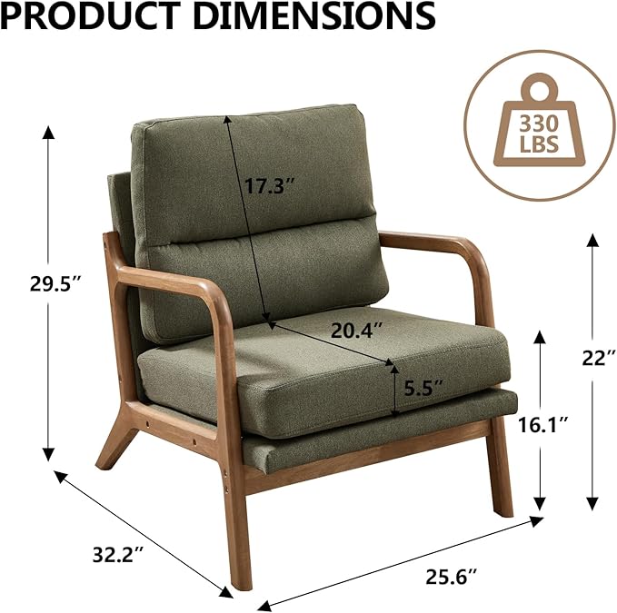 Bonzy Home Mid Century Modern Accent Chairs Set of 2 Solid Wood Frame Upholstered Lounge Armchairs with Supportive Cushions Living Room Conversation Chairs Green