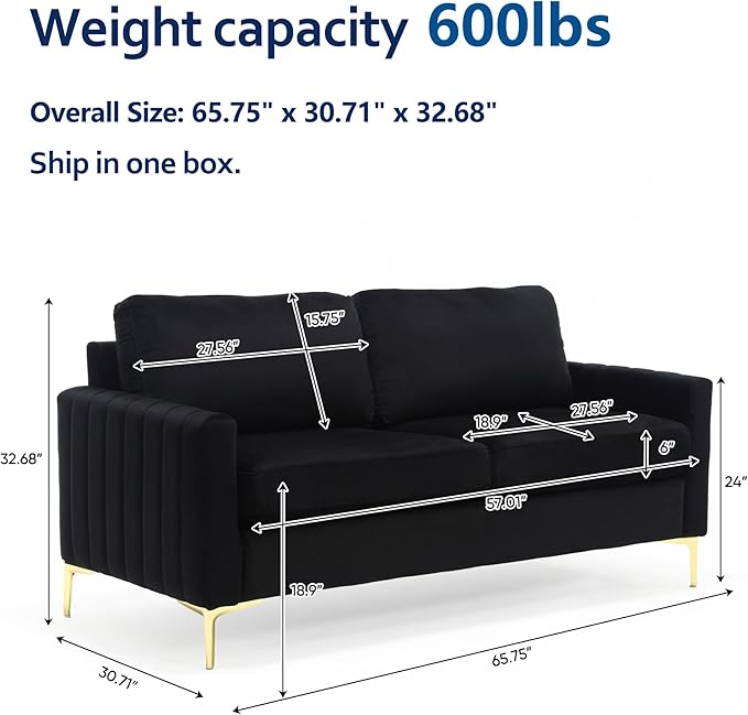 2 Piece Sofa and Loveseat Set Comfy Tufted Velvet Couch and Loveseat Sets Furniture with Gold Leg Mid Century Modern Couch Soft Upholstered Sofa Set of 2 for Living Room Bedroom Office (Black)
