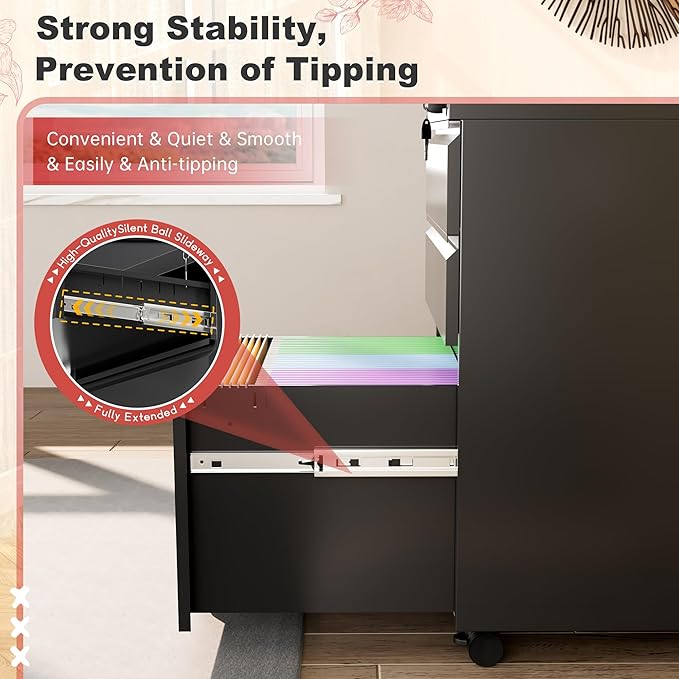 Superday Black File Cabinet 3 Drawer Fully Assemble Metal Rolling Vertical Filing Cabinet with Wheels Small Under Desk File Cabinets for Home Office