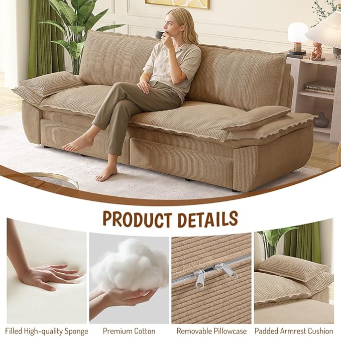 73.2 Queen Size Pull Out Sofa Bed 3-in-1 Convertible Sleeper Corduroy Loveseat for Living Room Apartment Bedroom Small Spaces Camel (Mattress &amp Bedding Not Included)