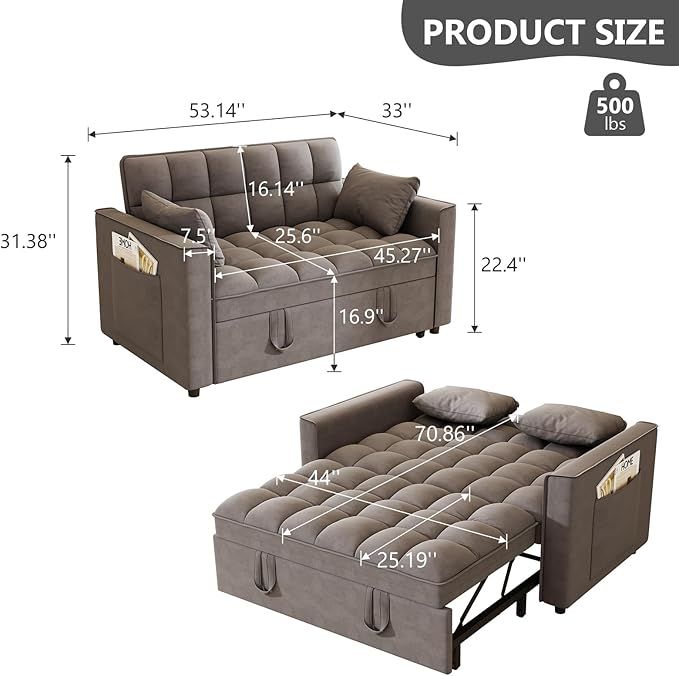 Hison Convertible Sleeper Sofa Bed 3 in 1 Pull Out Couch Bed with Adjustable Backrest Sectional Small Couches for Small Spaces Loveseat for Apartment Living Room (Dark Gray Velvet)