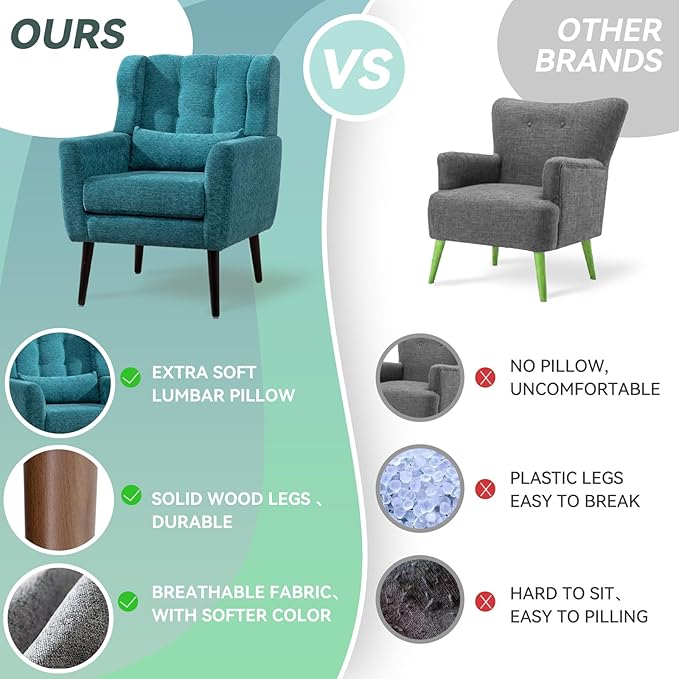 Accent Chair Set of 2 Upholstered Armchair with Pillow Fabric Single Sofa Chair with Lounge Seat and Wood Legs Accent Chair for Living Room Small Spaces (Teal)
