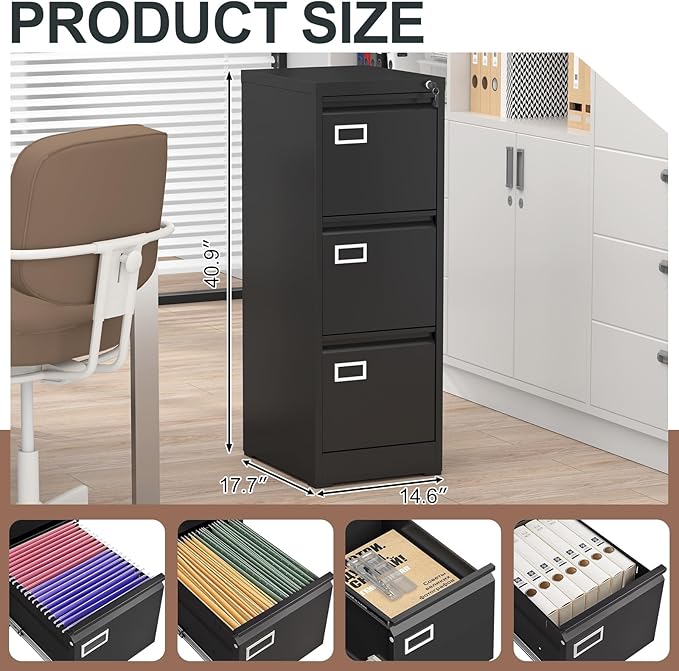 3 Drawer Small Storage Cabinet Organizer File Cabinet with Lock Under Desk Locking Drawers Filing Cabinets for Home OfficeBlack