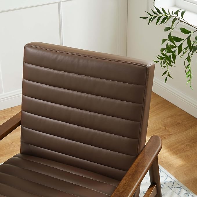 Modway Jensen Vegan Leather Accent Chair in Walnut Brown - Mid-Century Modern Armchair with Solid Wood Legs &amp Armrest - Upholstered Faux Leather Single Side Chair - Reading Chair for Living Room